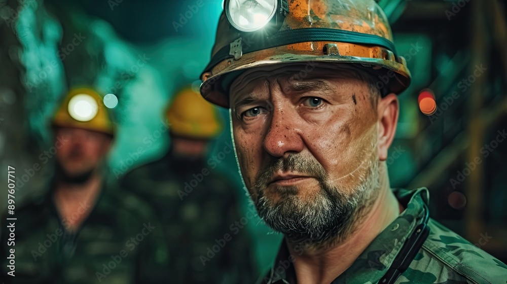 Miner in work clothes and helmet looking at the camera with serious expression. He looks tired and dirty. The concept of hard work and fatigue. Illustration for poster, cover, brochure or presentation Miner in work clothes and helmet looking at the camera with serious expression. He looks tired and dirty. The concept of hard work and fatigue. Illustration for poster, cover, brochure or presentation