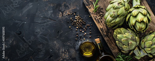 Top view of artichokes and oil on a wood board against a black background. The unique artichokes highlight the healthy eating theme. Space for text included.