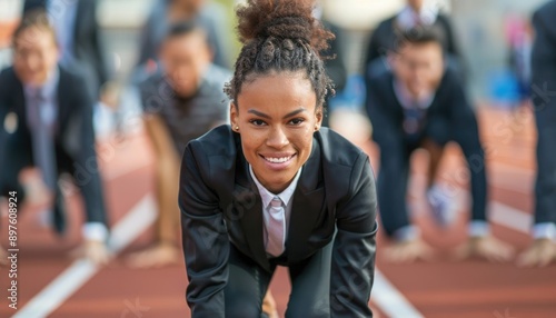 Business people standing ready for run sprint competition on race track