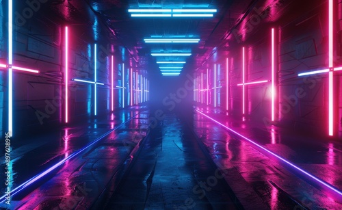 Futuristic neon lights abstract background in cyberpunk style. 3D Rendering Mock up