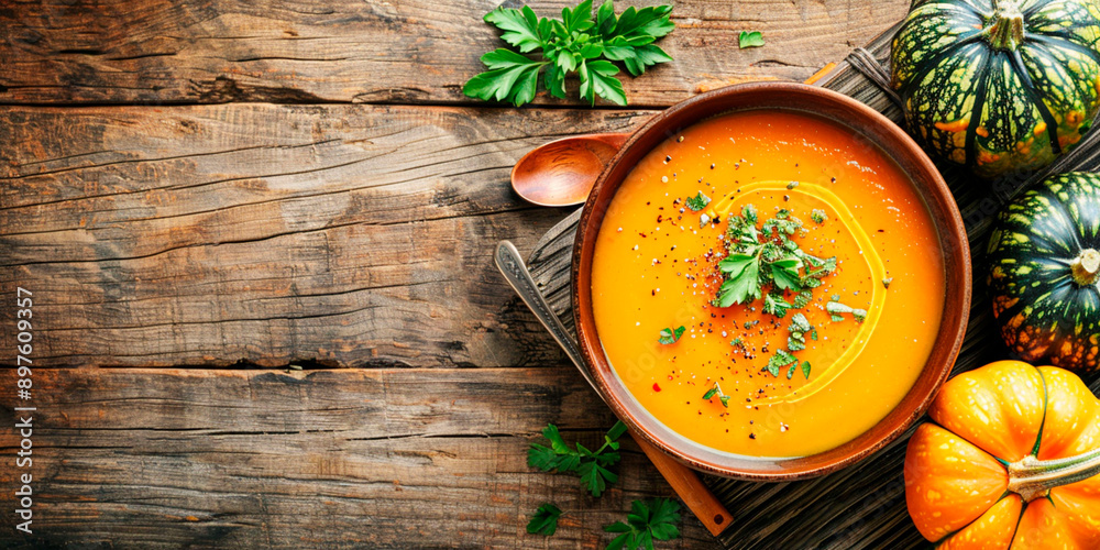 Pumpkin soup in a bowl garnished with herbs and spices on a rustic wooden table Pumpkin soup in a bowl garnished with herbs and spices on a rustic wooden table