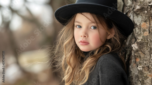 A telephoto angle photo of a little girl fashion model leaning against a tree, wearing a black hat and looking thoughtfully into the distance, with copy space © Наталья Евтехова