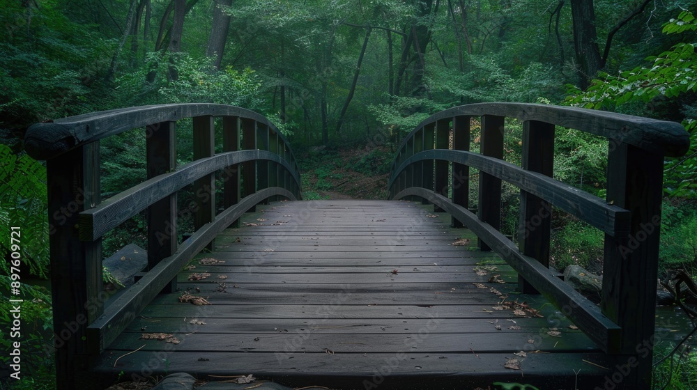 Wooden Bridge Over Stream in Forest