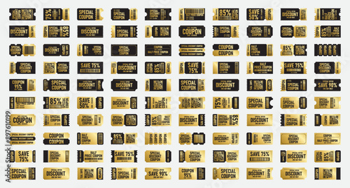 golden ticket set, luxury ticket icon, coupon code promotion, gift voucher, coupon book, discount voucher, coupon vector, png, transparent, gold paper, gradient gold