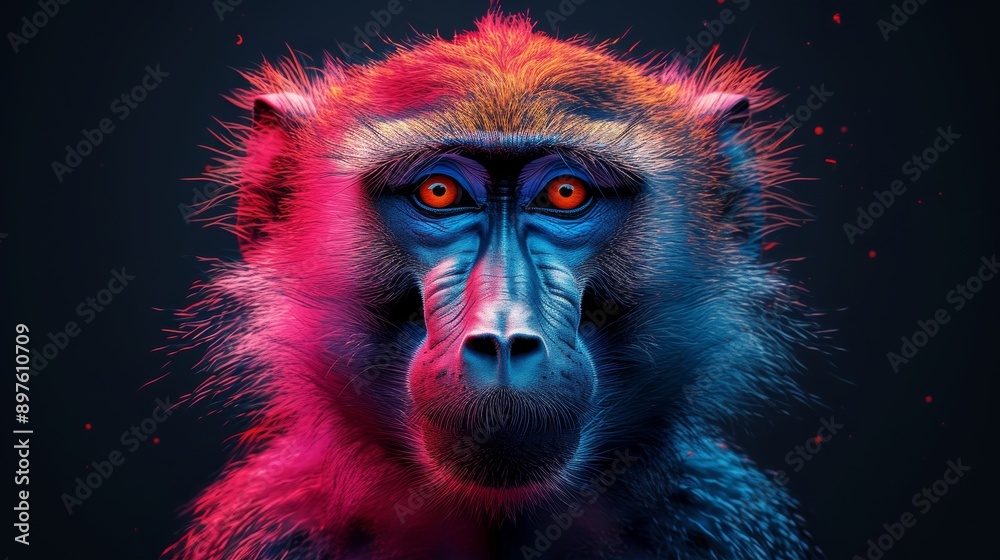 Mandrill with neon lighting, vivid and colorful animal portrait. Wildlife and art concept Mandrill with neon lighting, vivid and colorful animal portrait. Wildlife and art concept