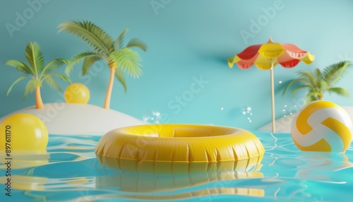 Yellow Swimming Ring Floating in Pool, product display. 3d render