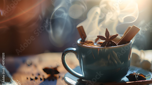 Fototapeta Naklejka Na Ścianę i Meble -  A cozy cup of spiced hot beverage with aromatic steam rising, cinnamon sticks and star anise, perfect for warm winter moments