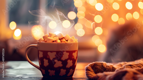 A cozy cup of hot chocolate topped with marshmallows sits on a wooden table, surrounded by warm bokeh lights and a soft knit blanket photo