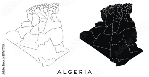 Algeria map of regions districts vector black on white and outline