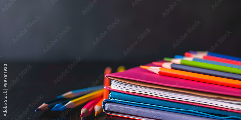 Colorful pencils and notebooks stacked on a dark background with copy space, creating a vibrant workspace atmosphere for creative tasks and study sessions Colorful pencils and notebooks stacked on a dark background with copy space, creating a vibrant workspace atmosphere for creative tasks and study sessions