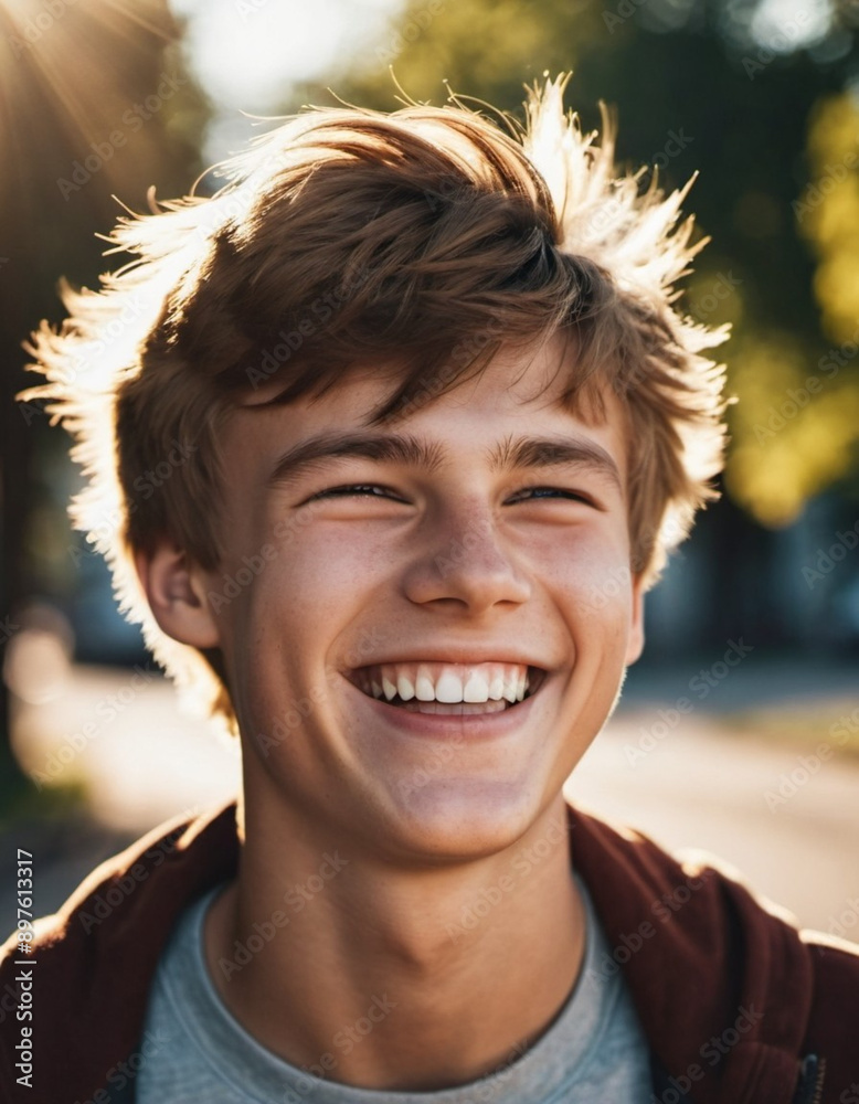 A young Caucasian man with brown hair and white teeth smiles. He is standing outside, likely during the daytime. His face is illuminated by the warm glow of the sun making his smile even more radiant. A young Caucasian man with brown hair and white teeth smiles. He is standing outside, likely during the daytime. His face is illuminated by the warm glow of the sun making his smile even more radiant.