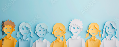 Children cutting from colourful papers standing together. Concept of happy and friendship.