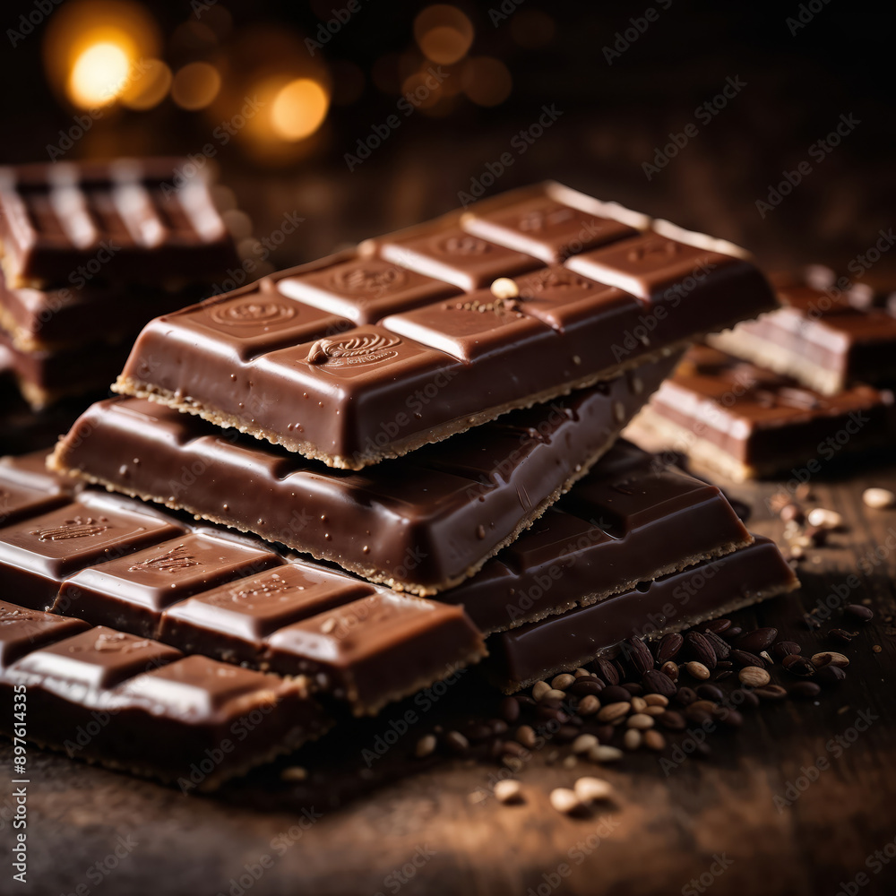 Close up on Delicious Chocolate Bar in Pieces Close up on Delicious Chocolate Bar in Pieces