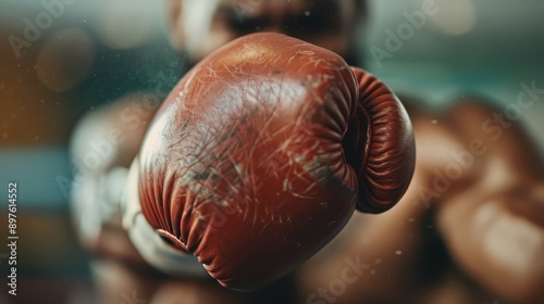 A close-up shot of a boxer wearing red gloves, mid-punch, showcasing intense motion and focus. The blurred background emphasizes the boxer's strength and determination. photo