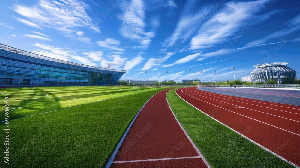 Obraz premium The running track inside a football stadium is usually a circular pathway surrounding the field.