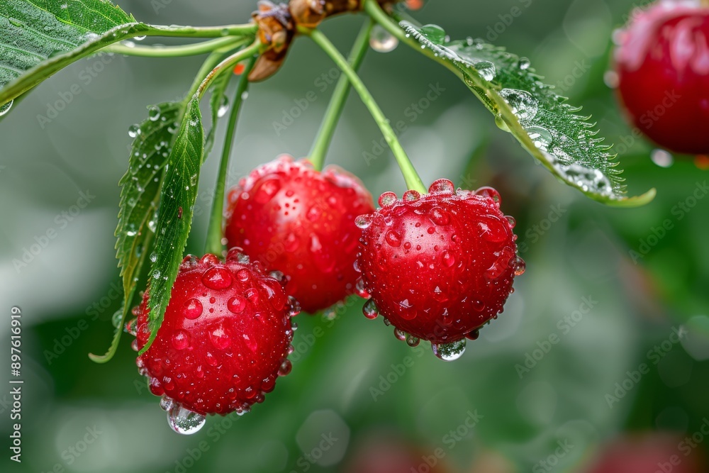 Macro shot of red cherries hanging on tree branch, covered with water droplets, showcasing summer fruit. Macro shot of red cherries hanging on tree branch, covered with water droplets, showcasing summer fruit.