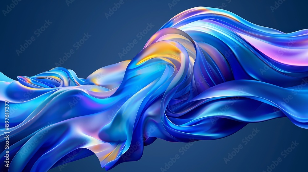 Obraz premium Blue fabric with shimmering yellow and purple highlights flowing against a blue backdrop