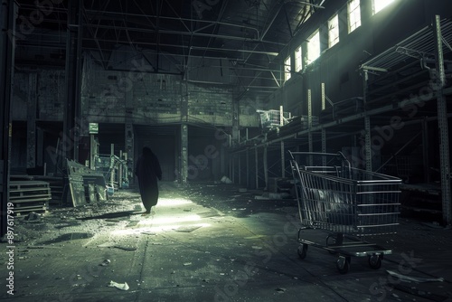 Ghostly Shopping Cart Abandonment in Dimly Lit Warehouse - Eerie Conceptual Photography for Print