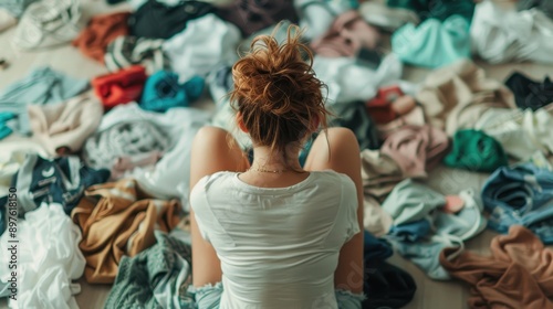 A woman sits on the floor surrounded by a chaotic pile of scattered clothes, viewed from behind. The disorganization of the clothes hints at a cluttered and possibly overwhelming environment. photo