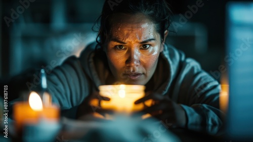 Wallpaper Mural A woman sweats by candlelight, her focused expression highlighting the resilience and determination she embodies in the face of challenges during uncertain times. Torontodigital.ca