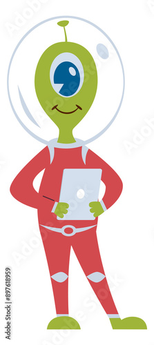 Smiling alien with tablet. Funny space mascot hold gadget