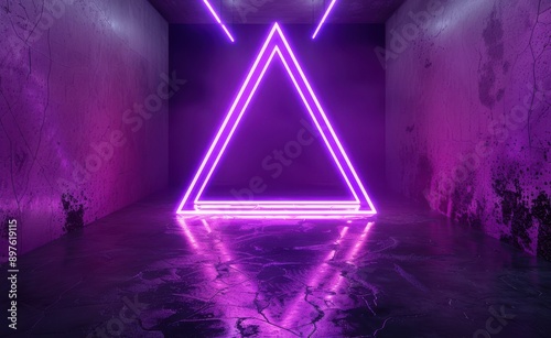 Abstract purple neon light triangle in dark nightclub interior. 3D Rendering Mock up