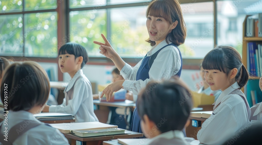 Asian female teacher explaining to the children in class sitting at their desks. Asian female teacher explaining to the children in class sitting at their desks.