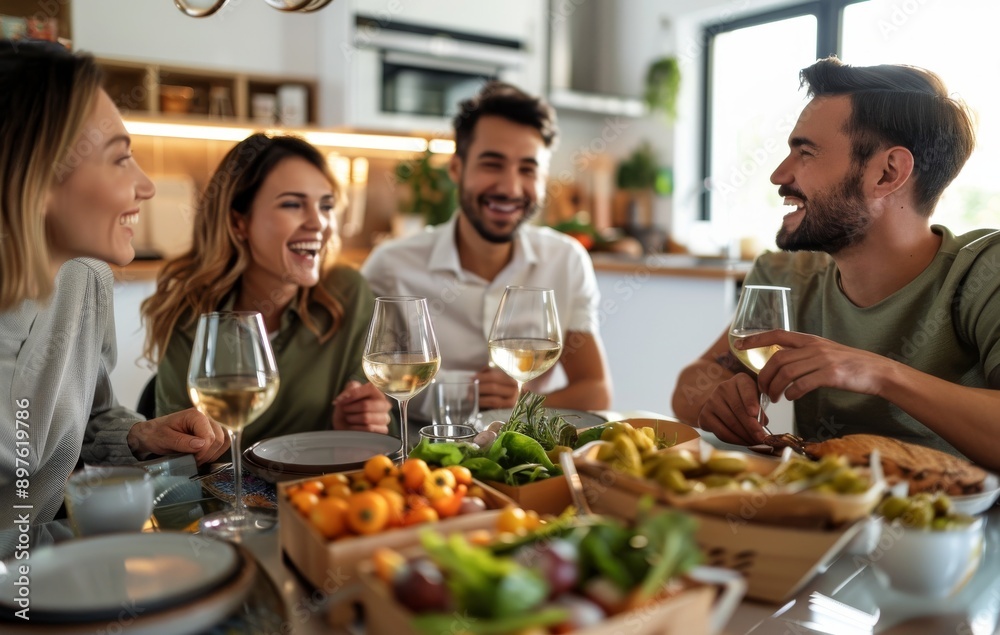 Group of four good friends having a healthy meal and white wine at home and having a good time Group of four good friends having a healthy meal and white wine at home and having a good time