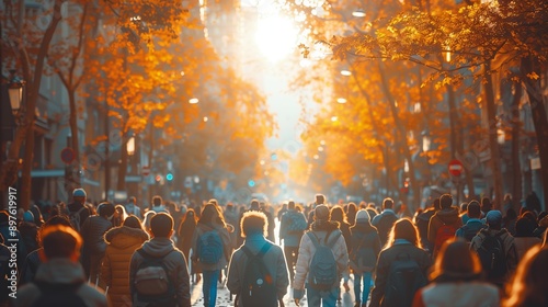 People Walking Down a City Street During Golden Hour © fotofabrika