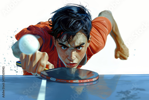 Asian athlete playing table tennis in competition