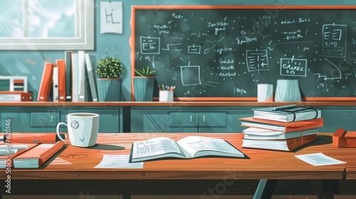 A teacher s desk at the front of the classroom, covered with lesson plans, a coffee mug, and a stack of graded papers, with a chalkboard full of notes in the background photo