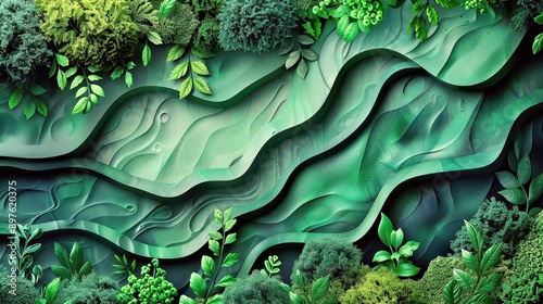Abstract depiction of AI and sustainability, bold colors and dynamic shapes, green and innovative, ample text space