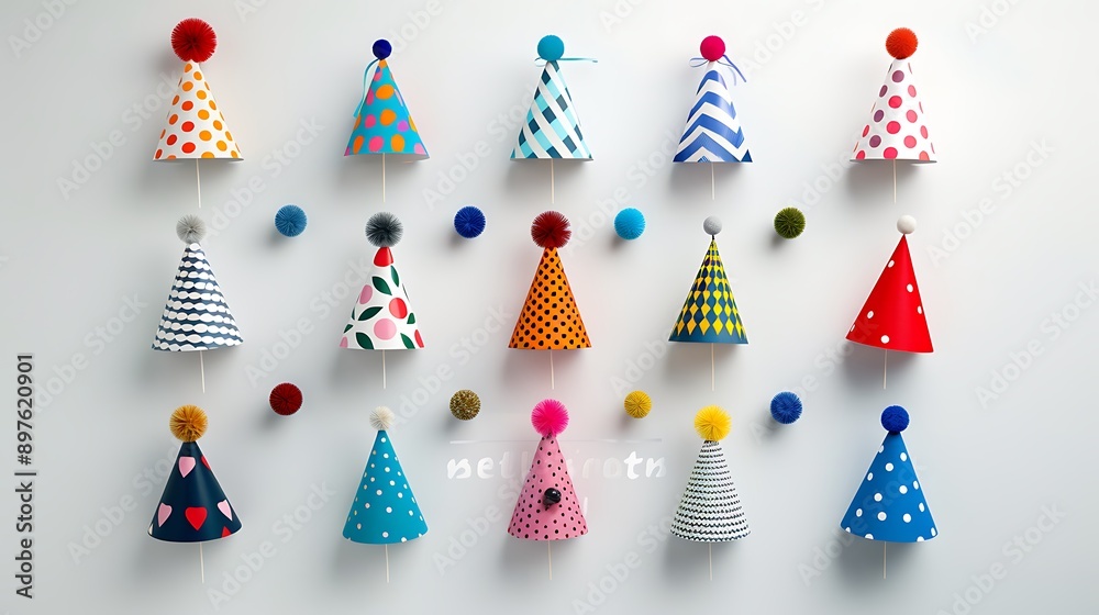 A vibrant assortment of party hats laid out on a plain white surface A vibrant assortment of party hats laid out on a plain white surface