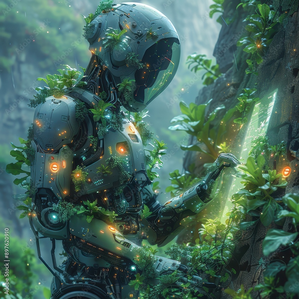 Dark fantasy depiction of a glowing digital assistant with plant-based recipes, mystical and high-tech, text-friendly area Dark fantasy depiction of a glowing digital assistant with plant-based recipes, mystical and high-tech, text-friendly area