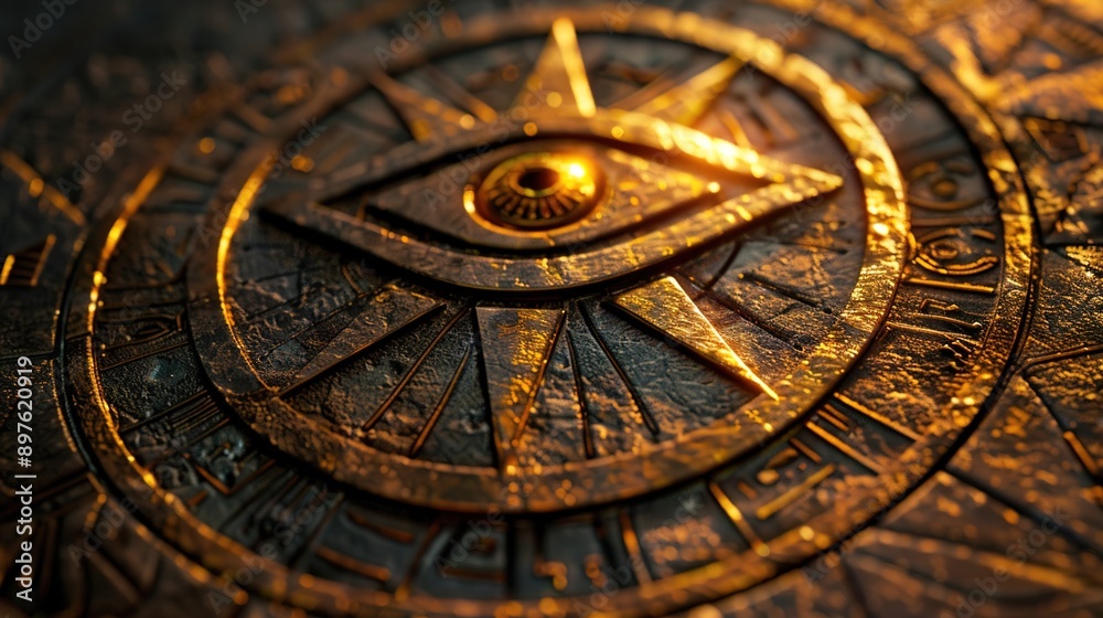 A close-up of a golden all-seeing eye symbol engraved on a stone tablet, with intricate geometric patterns. A close-up of a golden all-seeing eye symbol engraved on a stone tablet, with intricate geometric patterns.