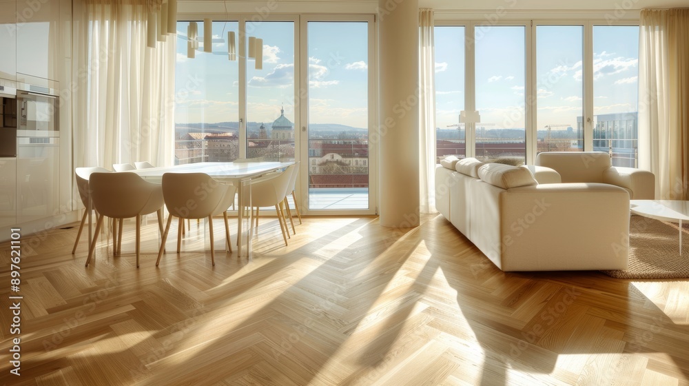 Fototapeta premium Contemporary living bright apartment with wood floors and expansive windows for modern lifestyle