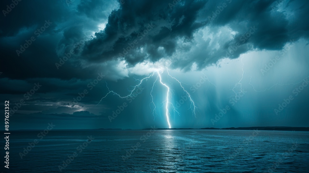 Dramatic beauty lightning storm illuminates dark sea clouds, capturing nature s power Dramatic beauty lightning storm illuminates dark sea clouds, capturing nature s power