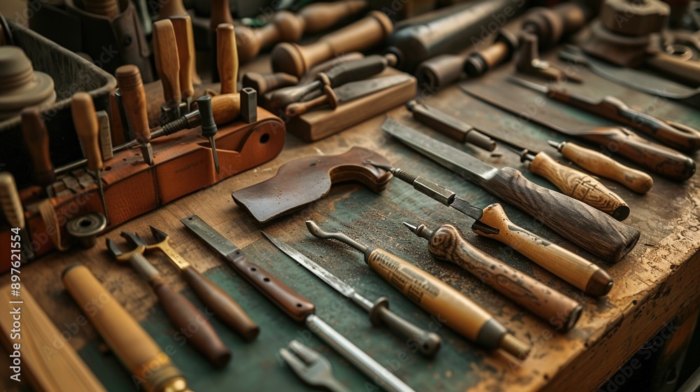 A collection of leather tools arranged neatly on a work surface, ready for use in crafting. A collection of leather tools arranged neatly on a work surface, ready for use in crafting.