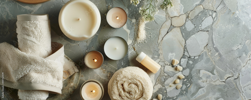 A flat lay of premium spa products, such as rich body lotions, fragrant candles, and a soft loofah, elegantly placed on a smooth stone surface. A flat lay of premium spa products, such as rich body lotions, fragrant candles, and a soft loofah, elegantly placed on a smooth stone surface.