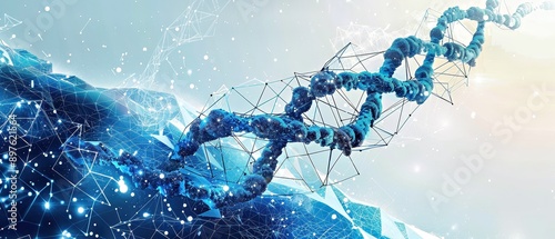 Minimalist depiction of gene editing and quantum computing integration, geometric shapes and blue tones, clean and innovative, space for text