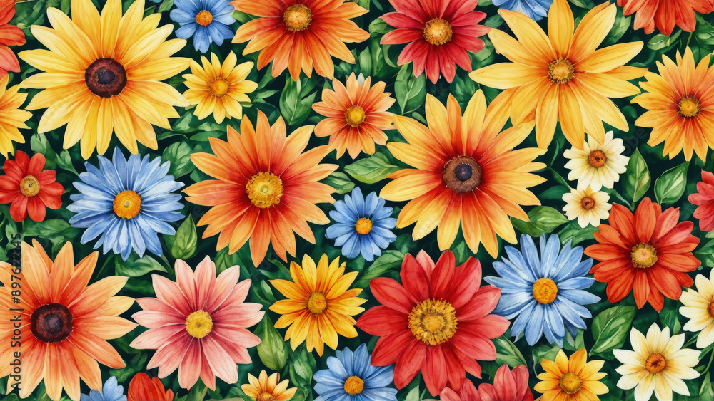 Colorful flowers with green leaves on dark background. Soft, watercolor technique highlights delicate petals and vivid colors of multicolored flowers creating serene and elegant composition. Colorful flowers with green leaves on dark background. Soft, watercolor technique highlights delicate petals and vivid colors of multicolored flowers creating serene and elegant composition.