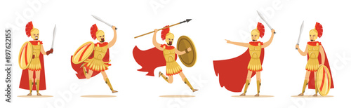 Spartan Man in Red Cloak and Helmet Armed with Spear, Sword and Shield Attacking Vector Set