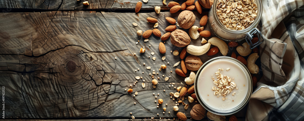 A wooden background with a jar of nut milk and scattered nuts. The rough texture of the wood complements the creamy, nutritious milk, ideal for health-focused visuals. A wooden background with a jar of nut milk and scattered nuts. The rough texture of the wood complements the creamy, nutritious milk, ideal for health-focused visuals.