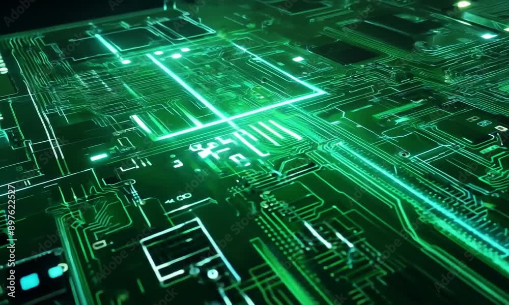 Green Circuit Board. Computer technologies background 4K hyperrealistic video