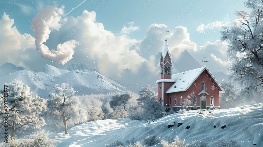 Obraz premium A quaint church nestled in a snowy landscape, with smoke rising from the chimney.