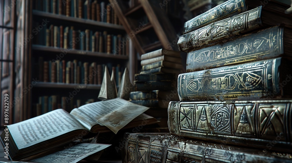 A shadowy library with ancient books and scrolls, one of which is open to a page displaying the Illuminati symbol. A shadowy library with ancient books and scrolls, one of which is open to a page displaying the Illuminati symbol.