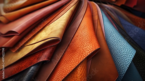 A stack of different colored leather swatches, arranged in a fan shape to show variety.