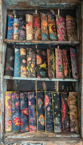Handmade Textile Bookmarks on Rustic Shelf – Unique Embroidery Design for Book Lovers and Craft Enthusiasts © spyrakot