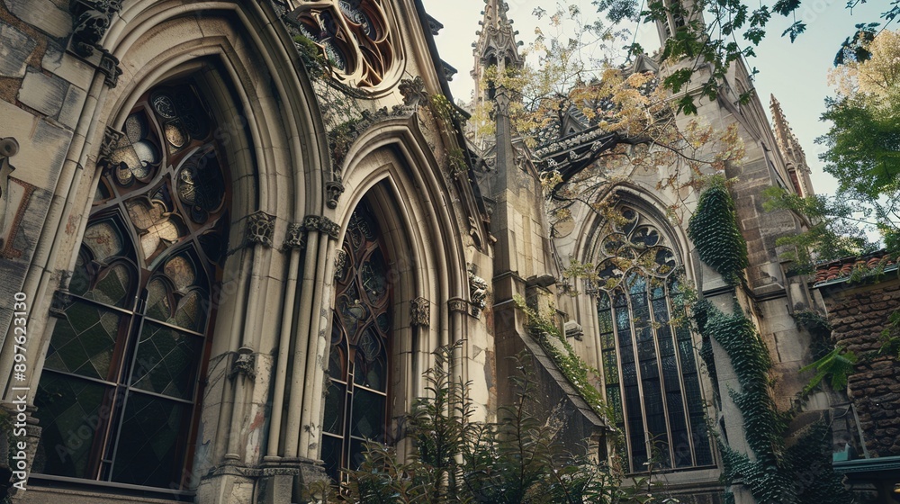 The exterior of a Gothic-style church, featuring pointed arches and detailed stonework. The exterior of a Gothic-style church, featuring pointed arches and detailed stonework.