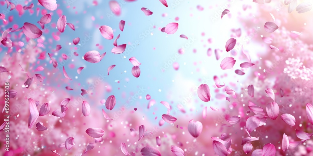 Pink cherry blossom petals drift down from the sky Pink cherry blossom petals drift down from the sky